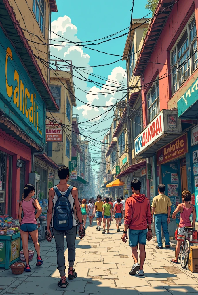 An image showing a streat ghetto with different people dowing business and other stuff and in cartoon characters 