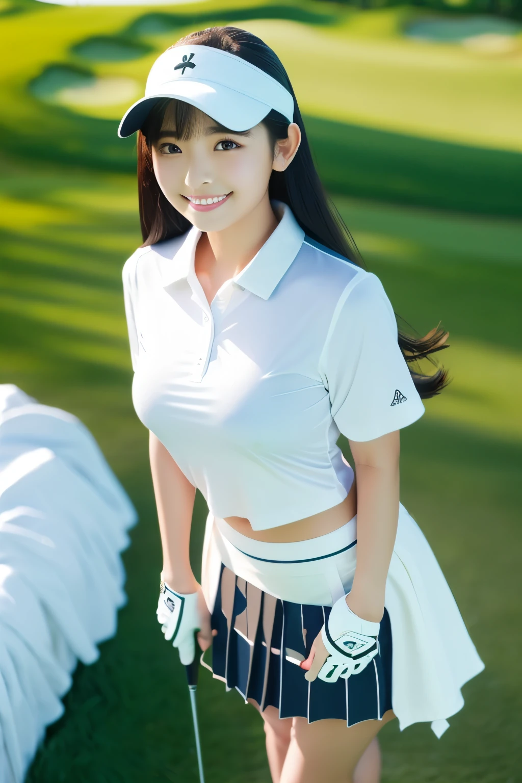 Highly detailed, 8k wallpaper, highest quality, super detailed, masterpiece, real, photo real, highly detailed beautiful girl, 28 years old, (golf wear), (golf skirt), (wearing golf gloves), smile, Round eyes, normal chest, looking at the camera, body turning around, golf course, sun visor, waist shot, golf clubhouse background,
