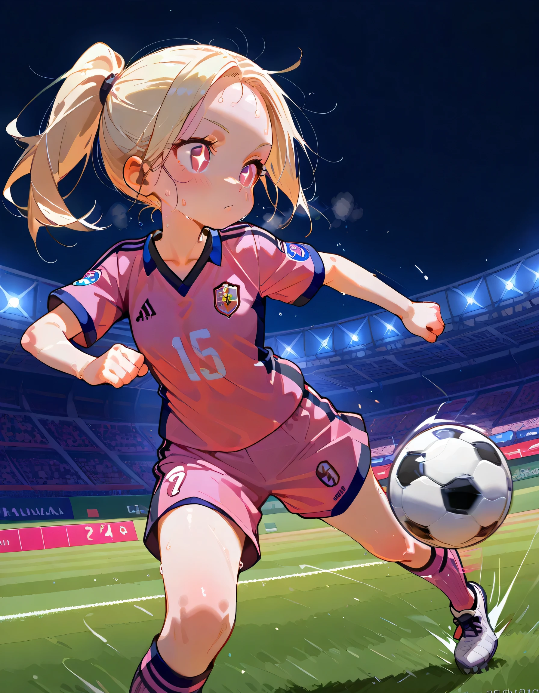 (greatfull soccer player in pink and white kit celebrating goal)++,kicking soccer ball,looking at ball,girl,fullbody,18years old,blonde ponytail,forehead,natural cosmetic,(cute face),sweat,narrow eyes,(pink soccer player uniform),shorts,soccer stadium,night game,lighting,soft lineart,flat background,masterpiece,