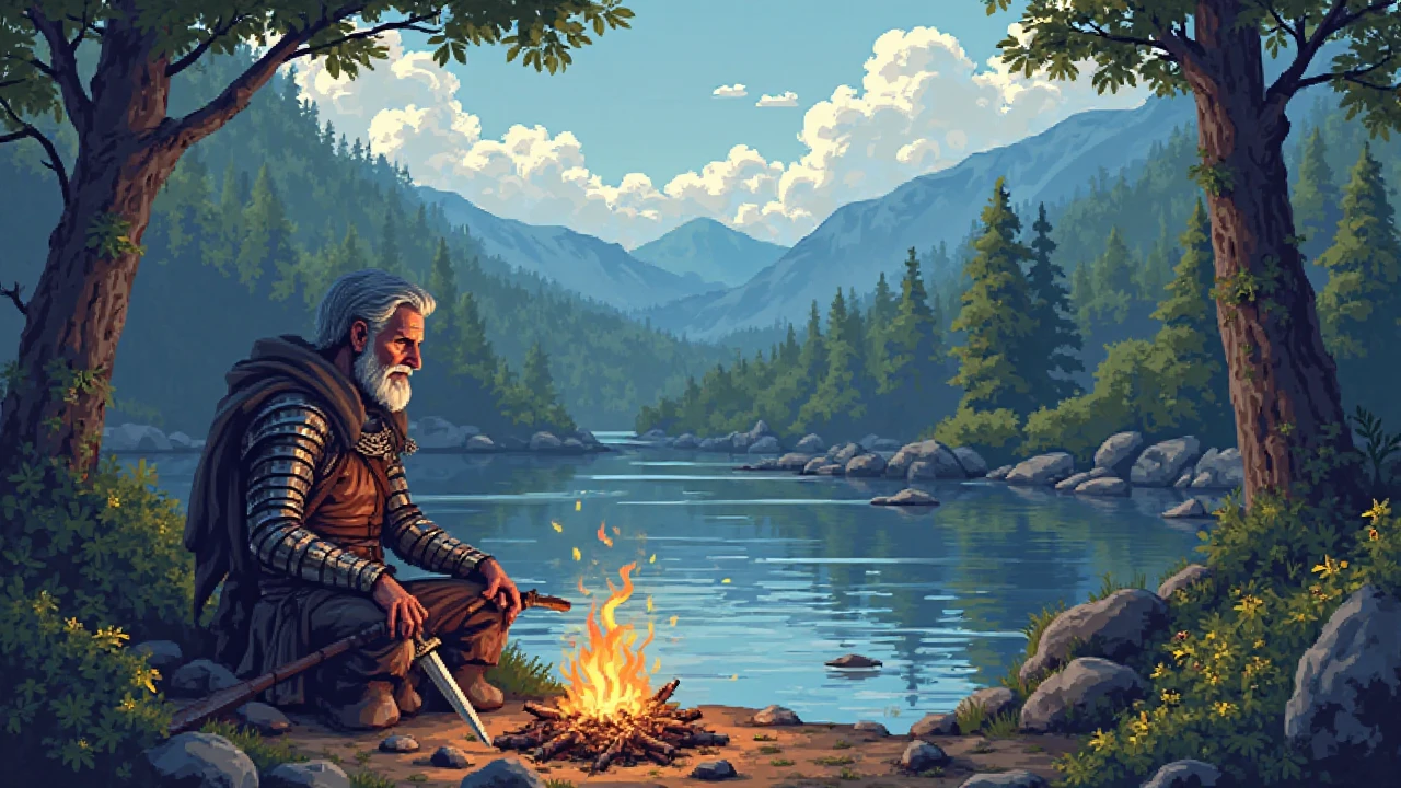  Medieval warrior sitting in front of a campfire by the river, a quiet environment surrounded by trees and valleys, Pixel art image style, Full HD