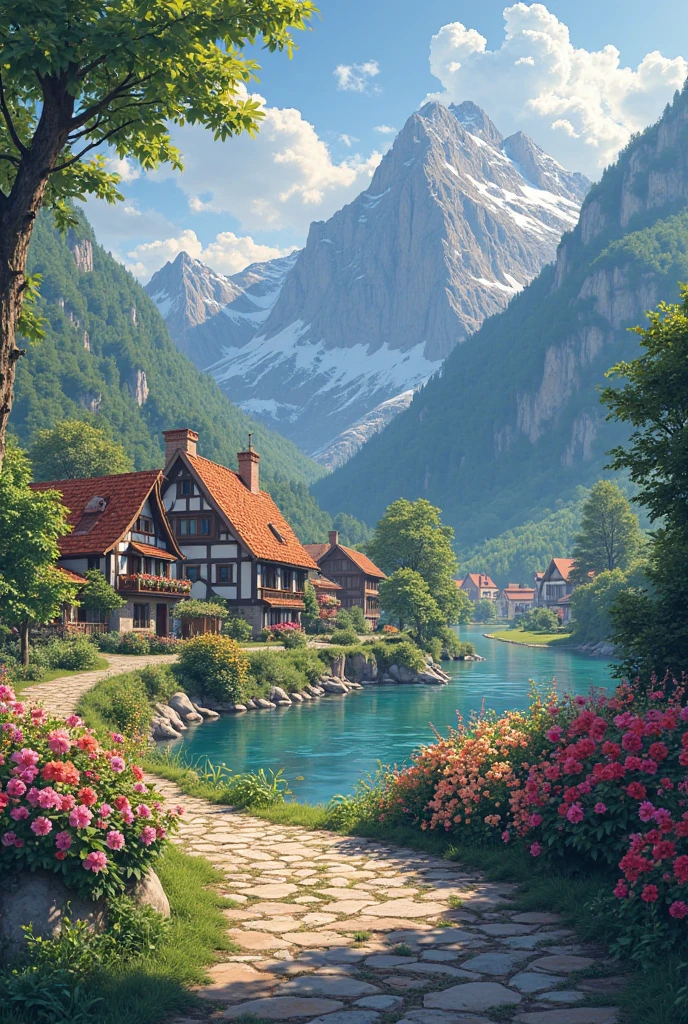 A small town by the river, Mountains in the background, Colorful flowers, Detailed landscape, Beautiful Natural Scenery, Atmospheric lighting, blazing sunset,  warm color , Practical and Photographically Practical, Detailed leaves, Complex buildings , Gravel path , charming country house, swirling colorful colors, lush greenery, quiet water reflection, picturesque, Pastoral, Work of art, top quality, 8k, of the building is very detailed, Anime Styling