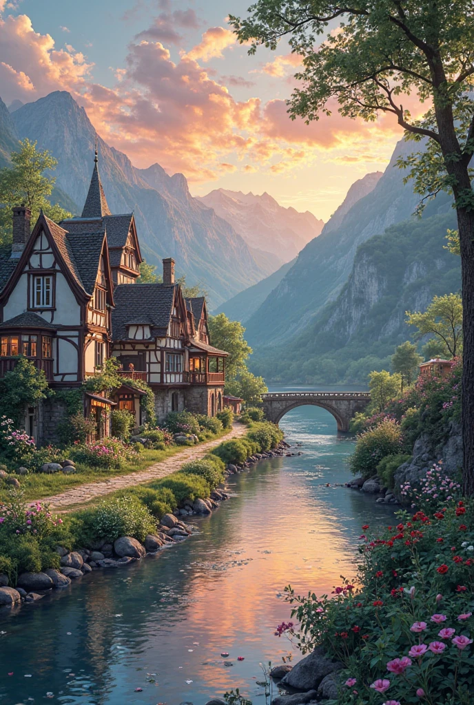 A small town by the river, Mountains in the background, Colorful flowers, Detailed landscape, Beautiful Natural Scenery, Atmospheric lighting, blazing sunset,  warm color , Practical and Photographically Practical, Detailed leaves, Complex buildings , Gravel path , charming country house, swirling colorful colors, lush greenery, quiet water reflection, picturesque, Pastoral, Work of art, top quality, 8k, of the building is very detailed, Anime Styling