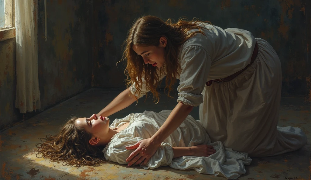 A girl fainting, and her sister rushing to help in shock.