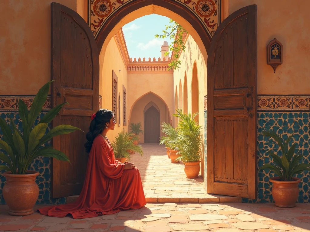 A young woman in simple Moroccan dress sits in front of the door of a Moroccan house, and her husband is coming from far away.