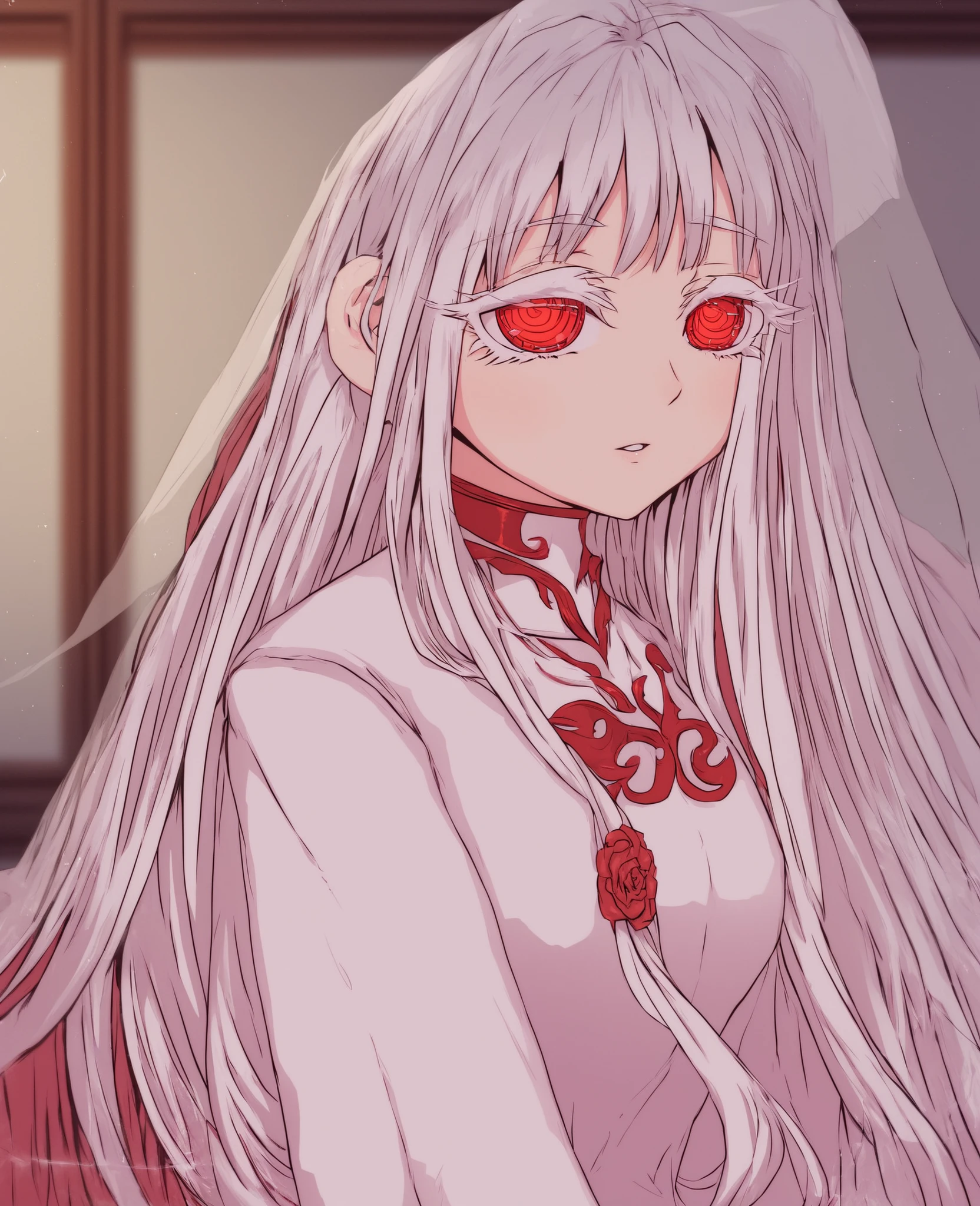 girl, white hair, red eyes, white eyelashes, long hair,, tidy eyelashes, like a white curtain and long