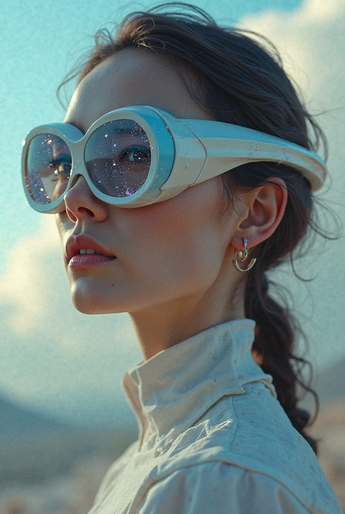 The model is wearing glass sunglasses with stars and the moon on the glass