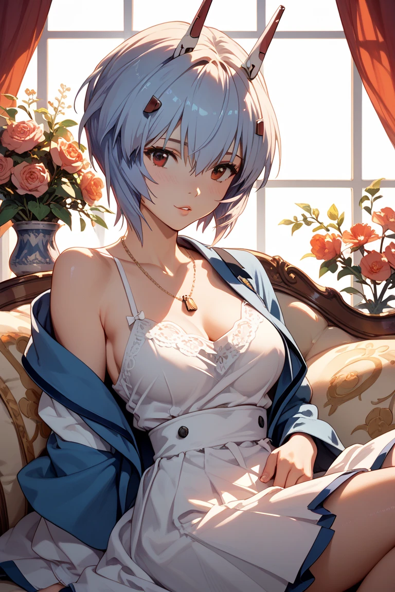 (((masterpiece))), ((best quality, Ultra high resolution)), beach, night, full body, 1girl, 16 years old, expressive eyes, perfect face, mature woman, perfect hands, perfect fingers, perfect legs, (delicate illustration), silver eyes, beautiful eyes, bob cut, silver hair, (big breasts:0.9), happy, smile, embarrassed, BREAK (sheath-line:1.3), (sleeveless Maxi-length white sundress with purple lupine flower print:1.4), ((plunking neckline, collarbone):1.3), (lupine flower print on Maxi-length dress), (purple sandals with heels),