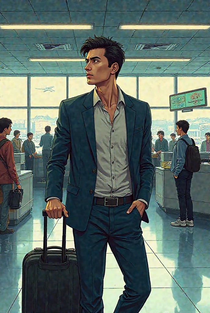 Draw 1 man at the counter looking at the airport carrying a suitcase manga