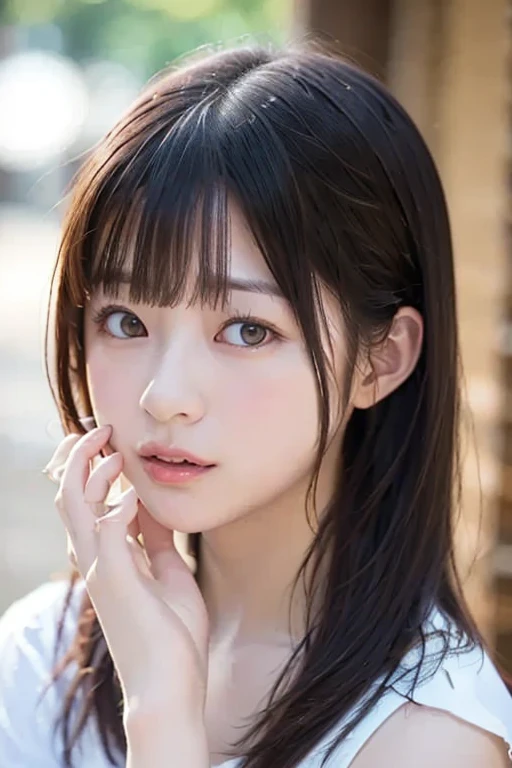 smile、morning、RAW Photos、(((ultimate beauty portrait)))、Fair skin、1 girl、Cute 20 year old girl、Bright expression、(Big eyes that shine like jewels)、Glowing Skin、(Medium Hair)、(Silky ponytail hair)、Beautiful Bangs、最high quality、Very detailedな、Film Light、Intricate details、High resolution、Very detailed))、Detailed Background、8KUHD、Digital SLR、Soft Light、high quality、Film Grain、Fujifilm XT3 、Shallow depth of field、Natural soft light、Kamimei、Ample breasts