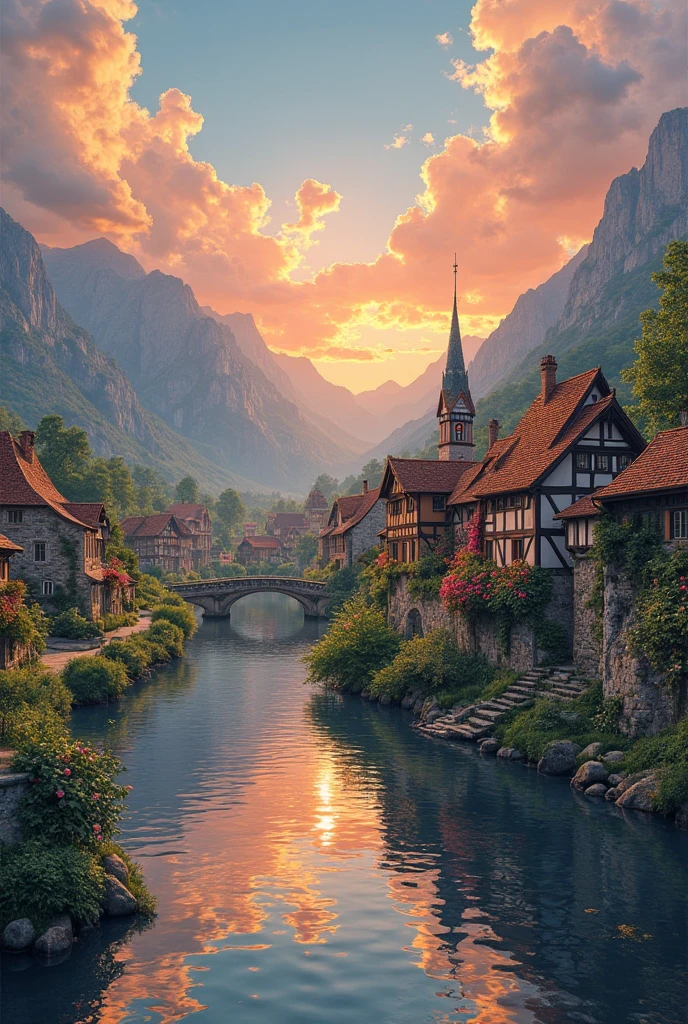 a small village by the river, mountains in the background, floral flowers colorful, detailed landscape, Beautiful natural landscapes, atmospheric lighting, scorching sunset, warm colours, practical, photopractical, Detailed Foliage, complex buildings, cobblestone street, Charming country house, swirly vibrant colors, lush vegetation, Still water reflections, Picturesque, idyllic, work of art, best qualityer, 8k, extremely detaild,anime styling