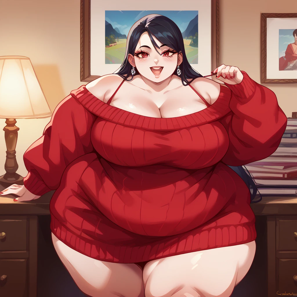 slim latina, motherly latina, burgundy hair, wavy medium hair, forehead ((sidelocks)), big red bow, chubby cheeks, plump waist, brown eyes ((long eyelashes, thick eyelashes)), hot pink sweater ((knit sweater)), cleavage, huge breasts (massive breasts:0.9) red ruffled skirt, red lips, juicy red lips, smirking, hands on hips, (outdoors porch, cowboy shot) sakura blossom scenery, ((pov from front)) facing front (masterpiece, highres)