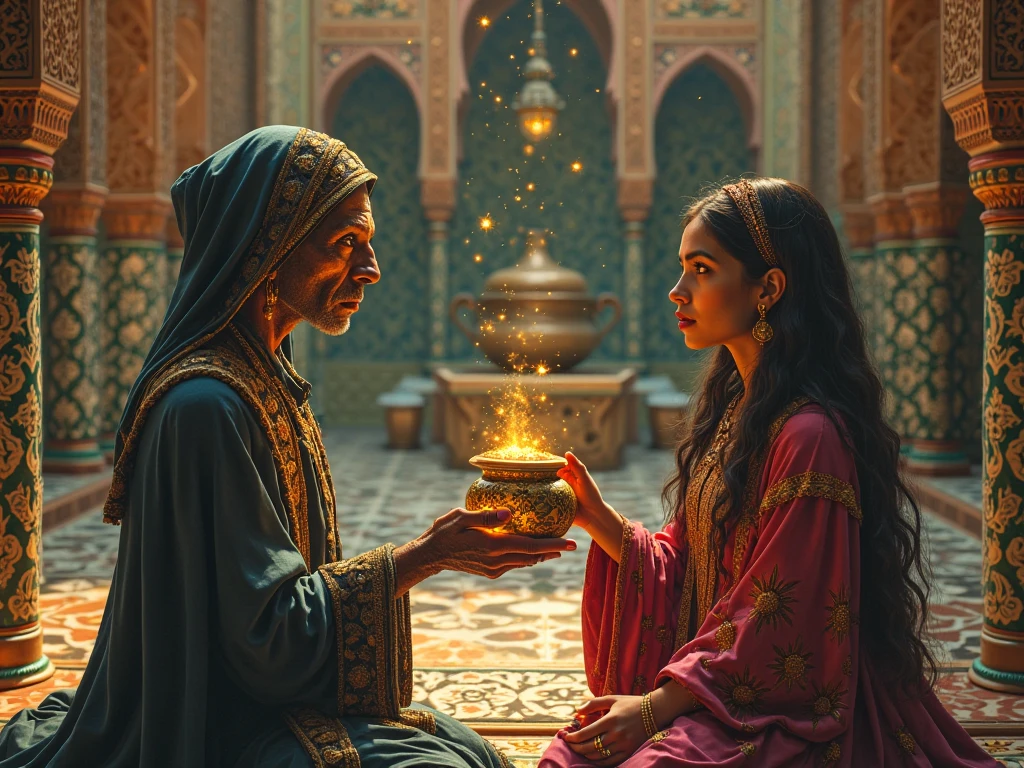 A strange-looking woman gives a pot filled with gold to a young woman in simple Moroccan dress in a beautiful Moroccan house.