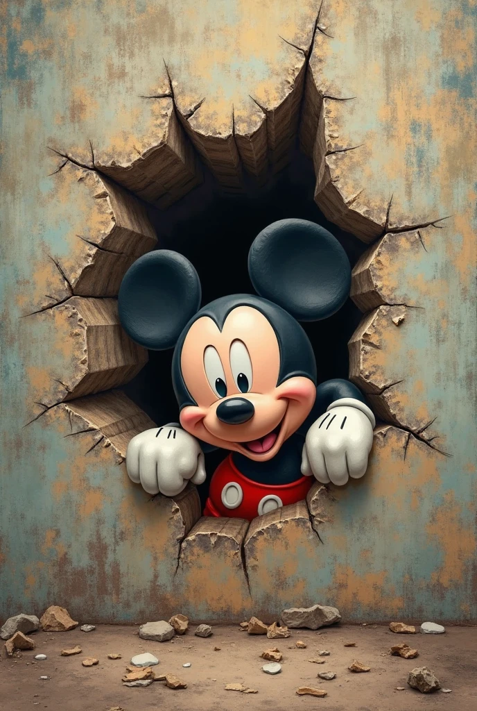 An image of Mickey Mouse as if coming out of a cracked hole
