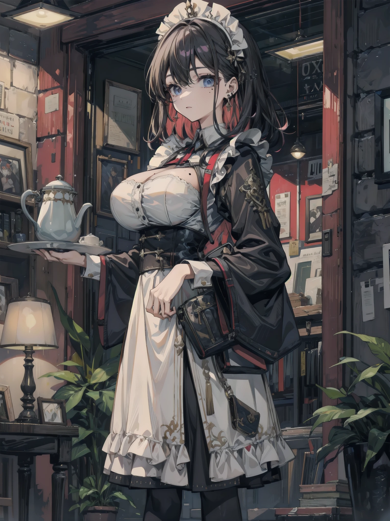Highest quality、Ultra-high resolution、Fantasy、roleplaying game、Sweeping the floor with a broom、Busty female clerk、Inside the flower shop