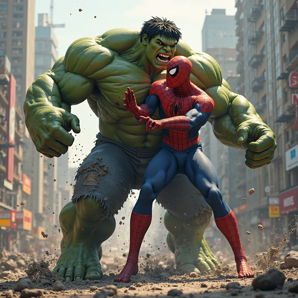 A dynamic scene featuring Spiderwoman delivering a powerful kick to the Hulk, sending him crashing to the ground with such force that the earth cracks beneath them. Spiderwoman is in mid-air, her leg extended as she makes contact with the Hulk, who is staggering from the impact. The ground is visibly shattered, with deep cracks radiating outward from the point of impact, highlighting the immense strength of both characters.
