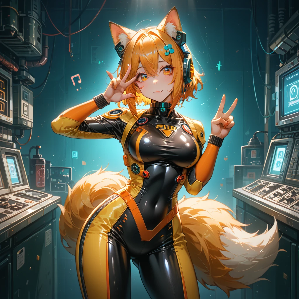 Fox。
Human Female。
 Gold。
medium short hair。
lightly shaggy。
 eyes are green 。
Standing fox ears。
human ears are hidden in hair。
iron headgear on top of the forehead to both ears
Cute face。
has excellent body style。
has 2 fox tails。
full body orange and black and yellow futuristic vinyl pilot suit。
Place々has iron decorations。
super  are not  from clothes。
big 。
 can be seen even from clothes。
Fox Hand Sign。
Waist-swaying pose。
depicting only 1 person。