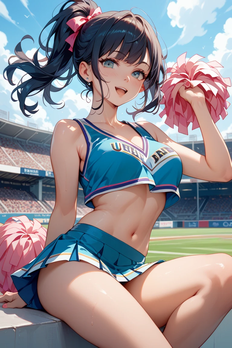 1 person, Japanese, , White skin, Mid-chest, , Take in the view, (Adorable smile:1.5),
Beautiful attention to detail, blue eyes, (Long Hair:1.4, bangs, Hair between the eyes, Twin tails:1.7), (belly button:1.1), Silver Hair,
Beautiful Hair, Beautiful clavicle, Beautiful underboobs, Beautiful thighs,
(Current cheerleader style:1.4), (Spread your legs, Kneel),
(Beautiful views), Daytime, (Stadium:1.5),
(8k, Highest quality, Masterpiece), Beautiful illustrations, Cowboy Shot, Cinema Lighting,