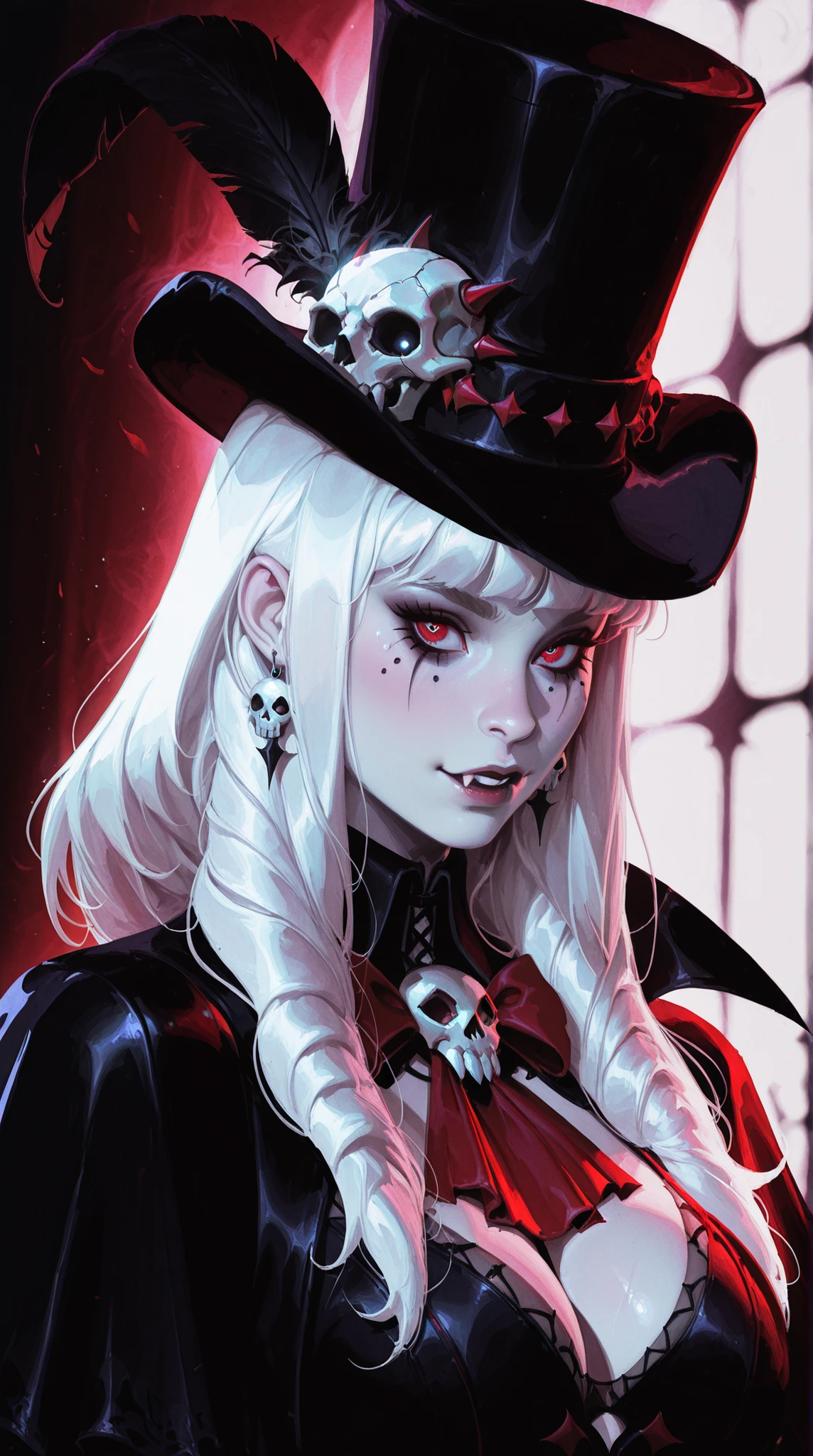 (TangoBat:0.7),(Sakimichan:0.7), 1girl,portrait of a gothic Vampire Queen, white hair styled in long curls with red bows and skull ornaments, wearing a gothic style black and pinkdress with stitch details, skull detail, top hat with feather, pale skin, accents on eyes and cheeks, intricate details, sharp focus, dramatic lighting ,masterpiece, best quality,absurdres