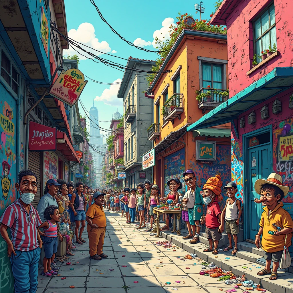 Generate an image showing ghetto street with different people dowing business and other stuff and in cartoon characters 