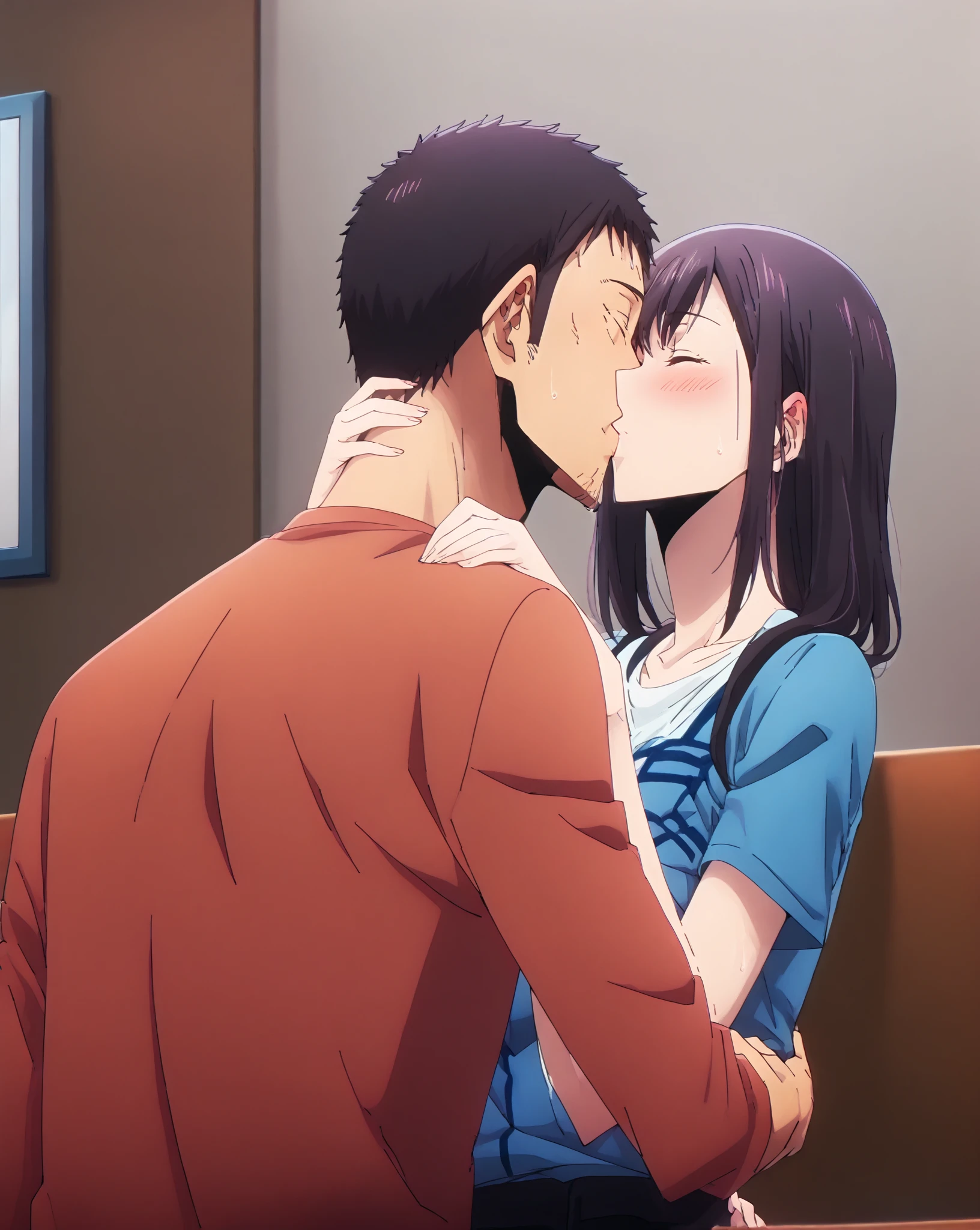 shinkai makoto, kimi no na wa.,1boy, buzzcut,nude, boy is front of girl, passionate hug, face press on the chest, sniffing chest, kiss chest, 1girl, bangs, black hair, blush, brown eyes, looking at the viewer, indoors, short hair, open mouth, white long sleeve shirt, unbuttoned shirt, open shirt, pink bra, medium breast, night, bedroom, sit on bed
