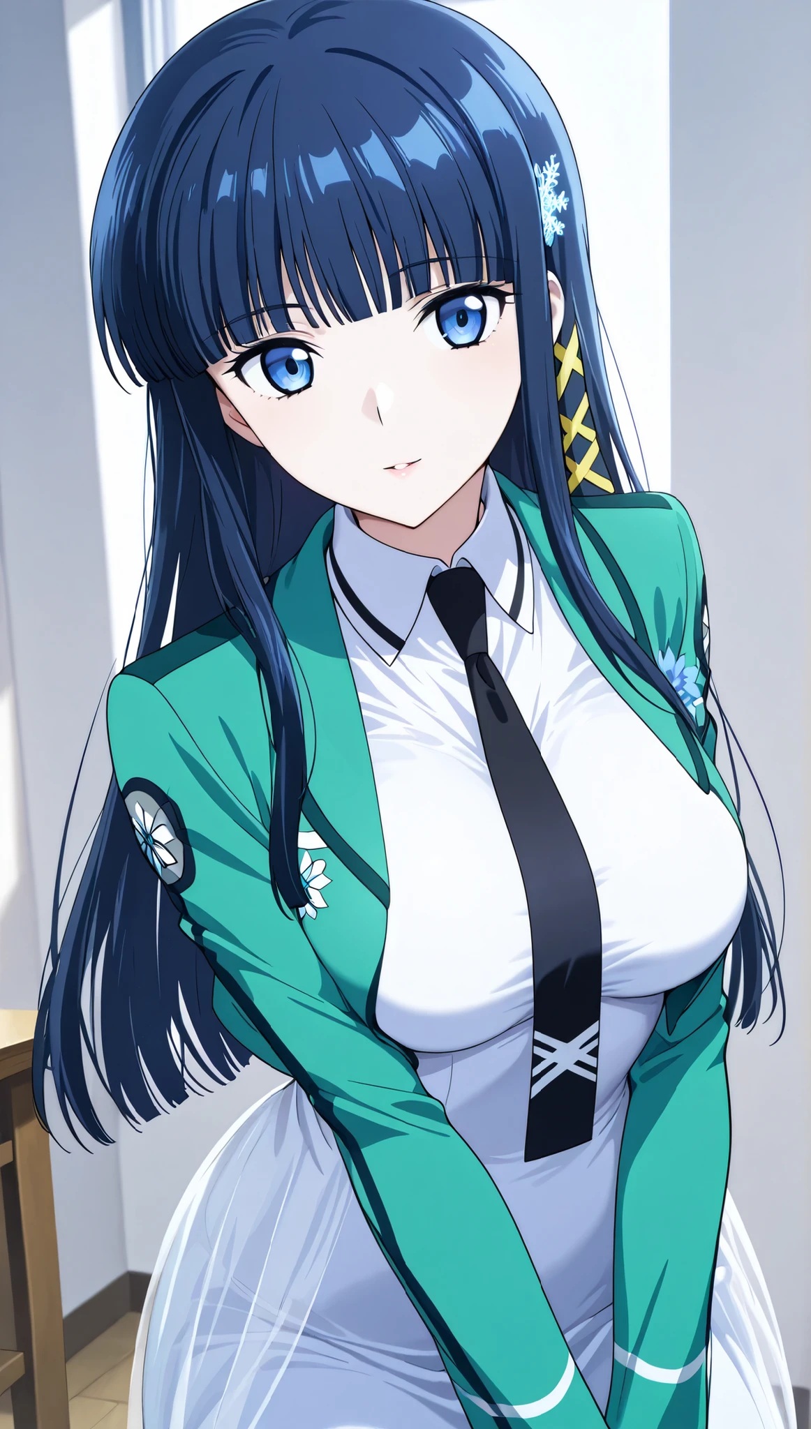 [[miyuki250219]],1lady, beauty, glossy lips,Rouge,detail eyes,dynamic angle,

shiba miyuki, black hair,long hair, blunt bangs, eyebrows visible through hair, blue eyes, snowflake hair ornament, yellow x hair ornament,mahouka school uniform, cropped jacket, green jacket, long sleeves, (white dress, mini dress), mermaid dress, black necktie,(large breasts:0.8),

upper body,cowboy shot,from above,

 (extremely detailed CG,masterpiece, highres icon,absurdres,4K),
