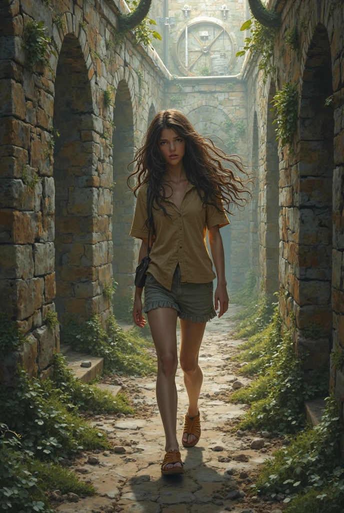 A girl with brown hair in a shirt against the labrinth walls