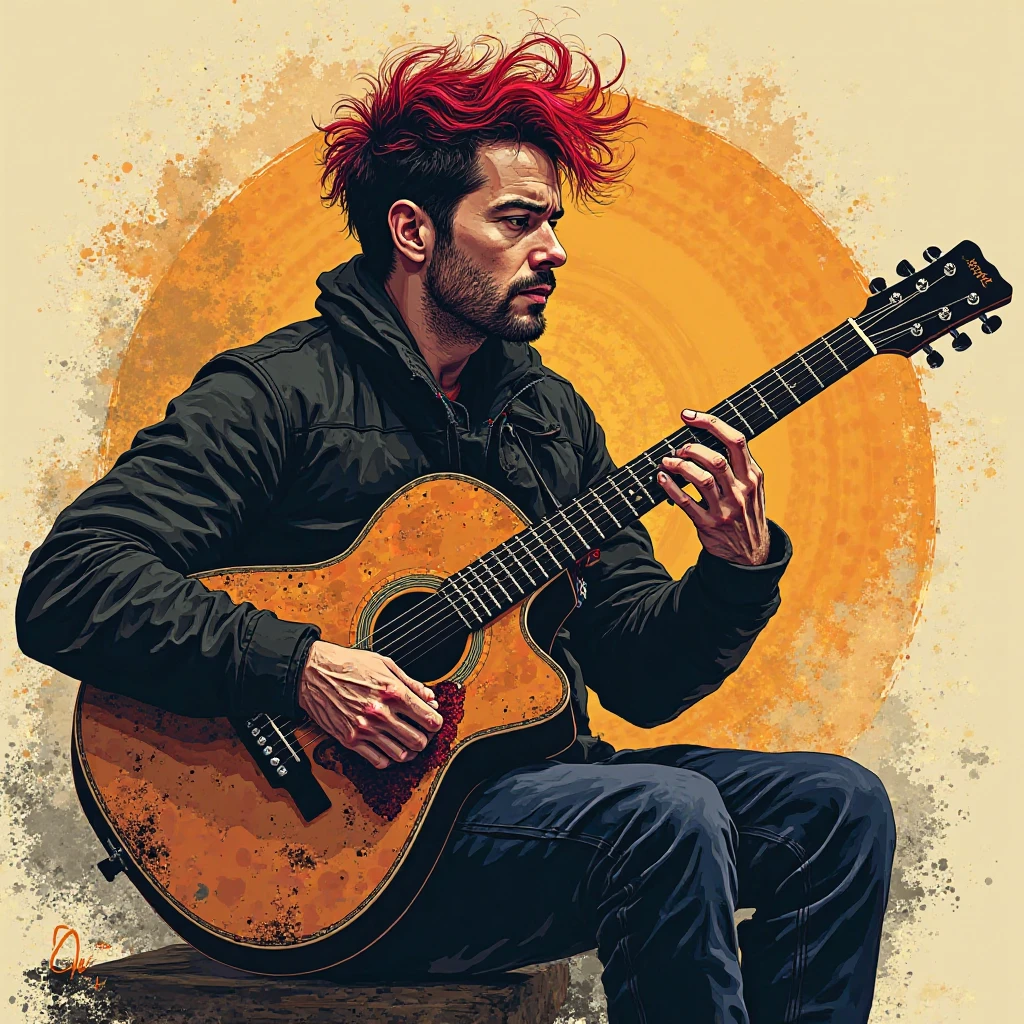 Illustration of a man in his 30s sitting and playing a guitar, human hair colors red and black