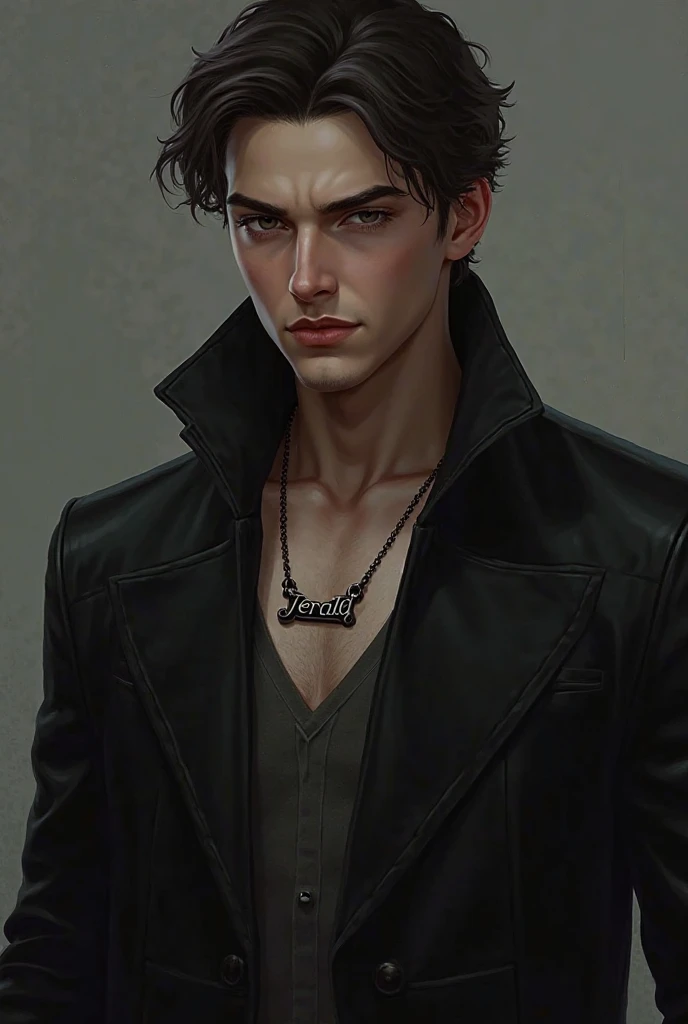 create an picture that indicates the name of jerald on the necklace, with black coat or jacket outfit 