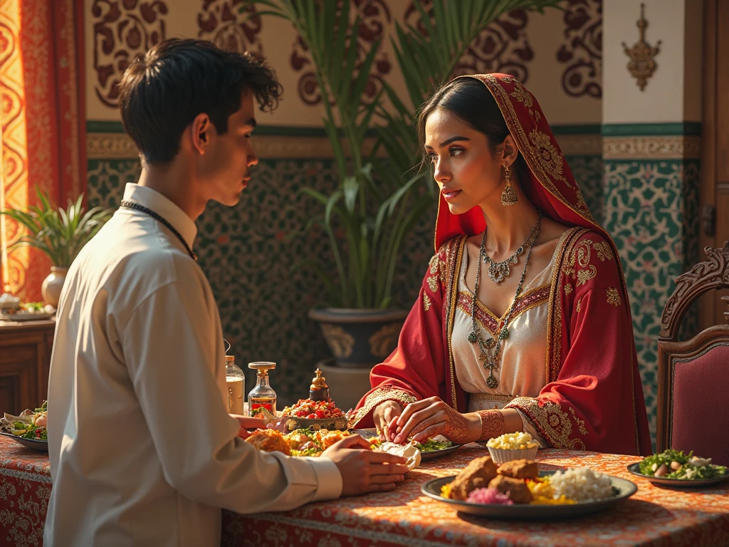 A young woman in traditional Moroccan dress in a beautiful Moroccan house sitting with a small table full of food in front of her and a young man in simple Moroccan dress standing in front of her