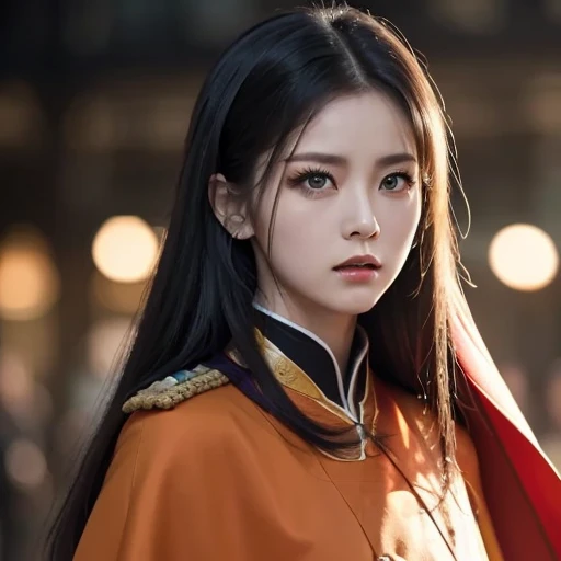  Kung fu fighting,white girl with long black hair is wearing a military uniform,  Orange Cape , Big hazel eyes,  Science Fiction , Dark mood, 
