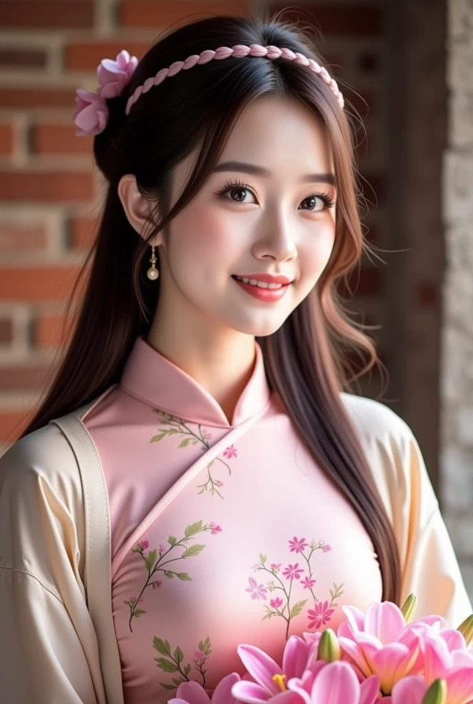 (​masterpiece)、(top-quality)、(Realistic)、Charming daughter、Portrait of a beautiful girl、1girl in、Beautiful clear eyes and detailed eyes、Glitter eyes、Shining Ace Perfect、Perfect eyes、Perfect iris、Perfect lips、perfect teeth、flawless skin、Beautiful nose、Beautiful mouth、beautiful lip skin、portrait shooting、Professional artwork、in 8K、Photorealsitic、luxurious embroidery kimono、Elegant face、perfect anatomia、Perfect female body:1.4、Ultra-realistic painting:1.4、Ultra-precision painting:1.4、nffsw:1.4、corporate offices、Raw photography、a necklace、耳环、magnifica、Breast size is F cup, Parthenon