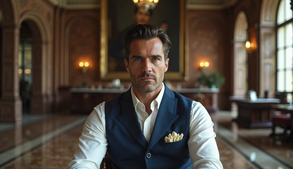 A 35-year-old man with neatly groomed dark brown hair and a serious facial expression sits on a bench in a large library hall, luxurious. He was wearing a coat a carefully tailored blue vest outside a white shirt, with cream pocket towels, exudes elegance and wealth. The room is sumptuous and spacious, with glossy marble floors, giá sách cao chất đầy sách bìa da và tấm ốp gỗ luxurious phủ trên tường. Large floor-to-ceiling windows let in natural daylight, creating a soft light throughout the space. behind the man , những chiếc ghế bành màu be luxurious và đồ nội thất bằng gỗ cổ điển xếp dọc hai bên phòng. A large portrait hangs above the bar area in the back. The atmosphere of calm and tension, filled with expectation and questioning. The man has the look is drowning in thought, waiting for something important. aspect ratio 16:9, cinematic light, realistic style.