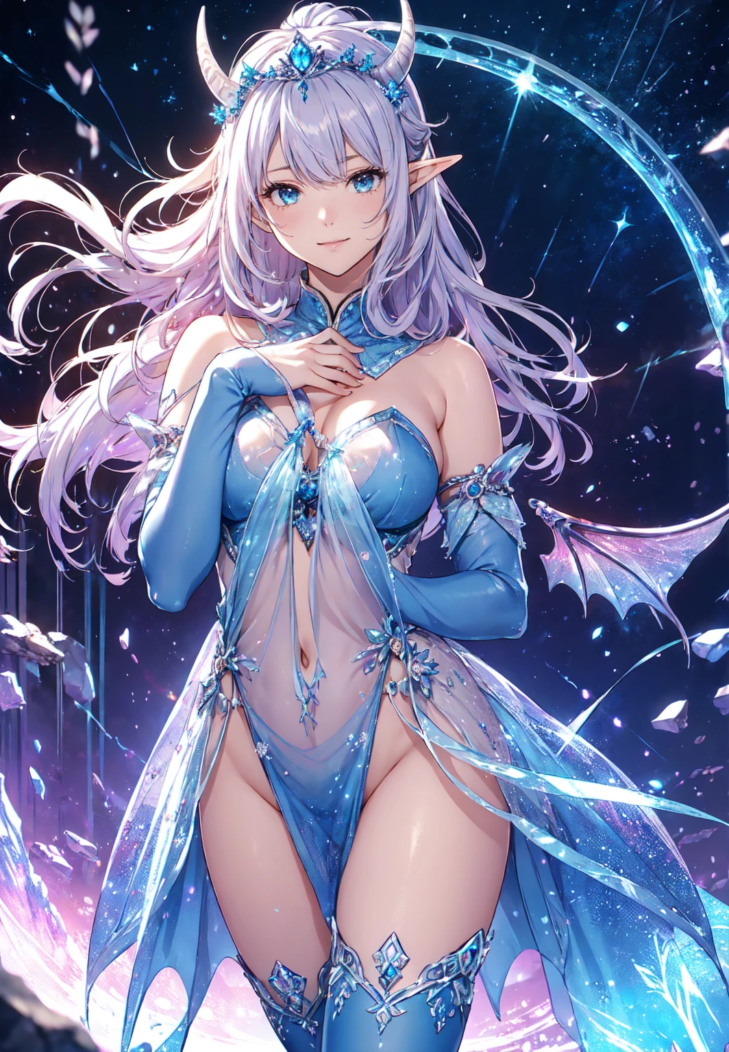 masterpiece, best quality, (Anime:1.4), pastel anime dragon girl, slime, wet look, shimmering lights, dragon in background, whirls of vapor, iridescent textures, dragon scales, dragon horns, dragon wings, translucent scales, soft neon pink light, ethereal ambiance, delicate details, magical atmosphere