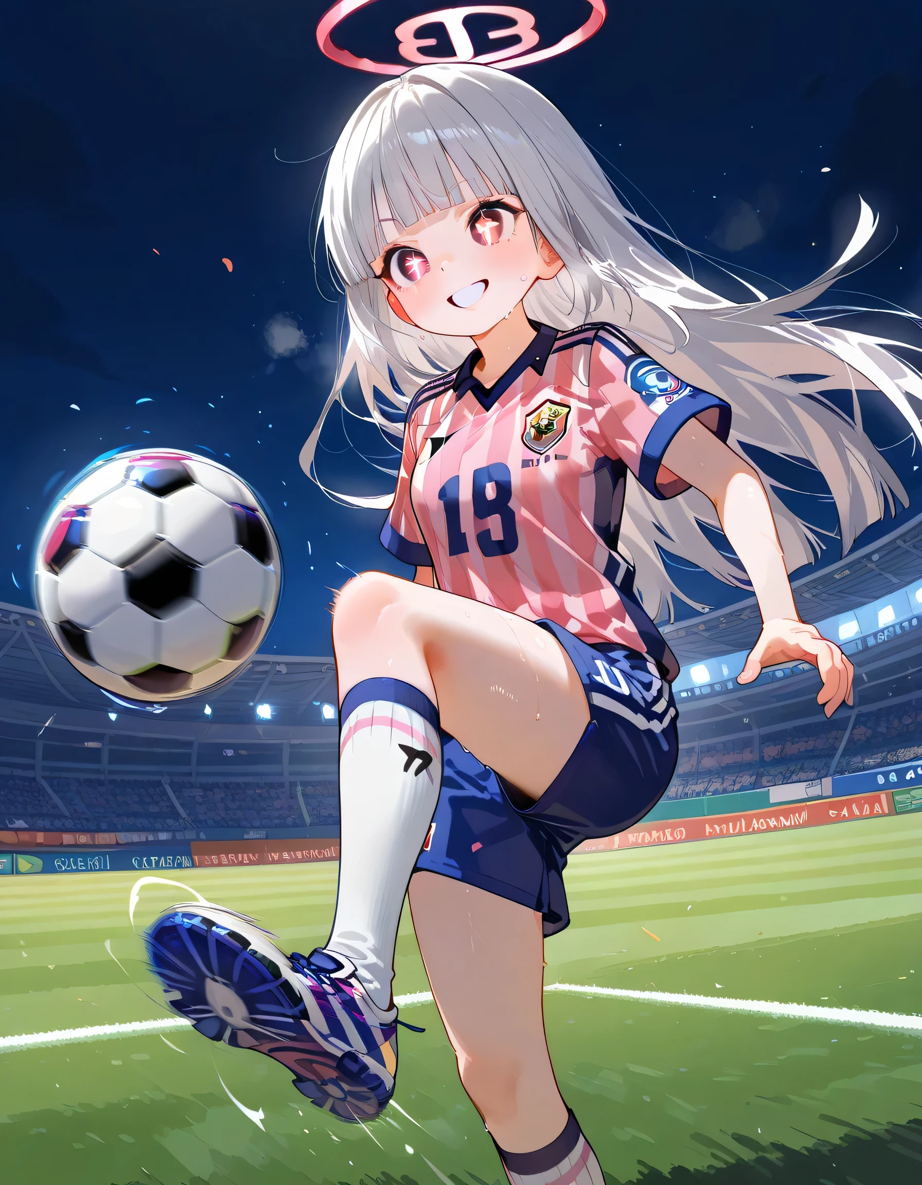 (greatfull soccer player in kit celebrating goal)++,(kicking soccer ball with knee(soccer play),looking at ball,girl,fullbody,18years old,(silver straight long hair),blunt bangs,grin,natural cosmetic,(cute face),sweat,narrow eyes,(pink soccer player uniform),shorts,soccer stadium,night game,lighting,soft lineart,flat background,masterpiece,