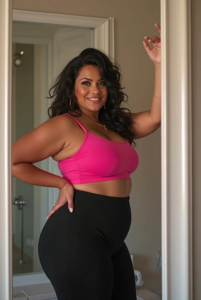 Full shot of mature,sexy meena milf, wearing a lime color tank top and glossy color purple mini tight leggings,posing her figure