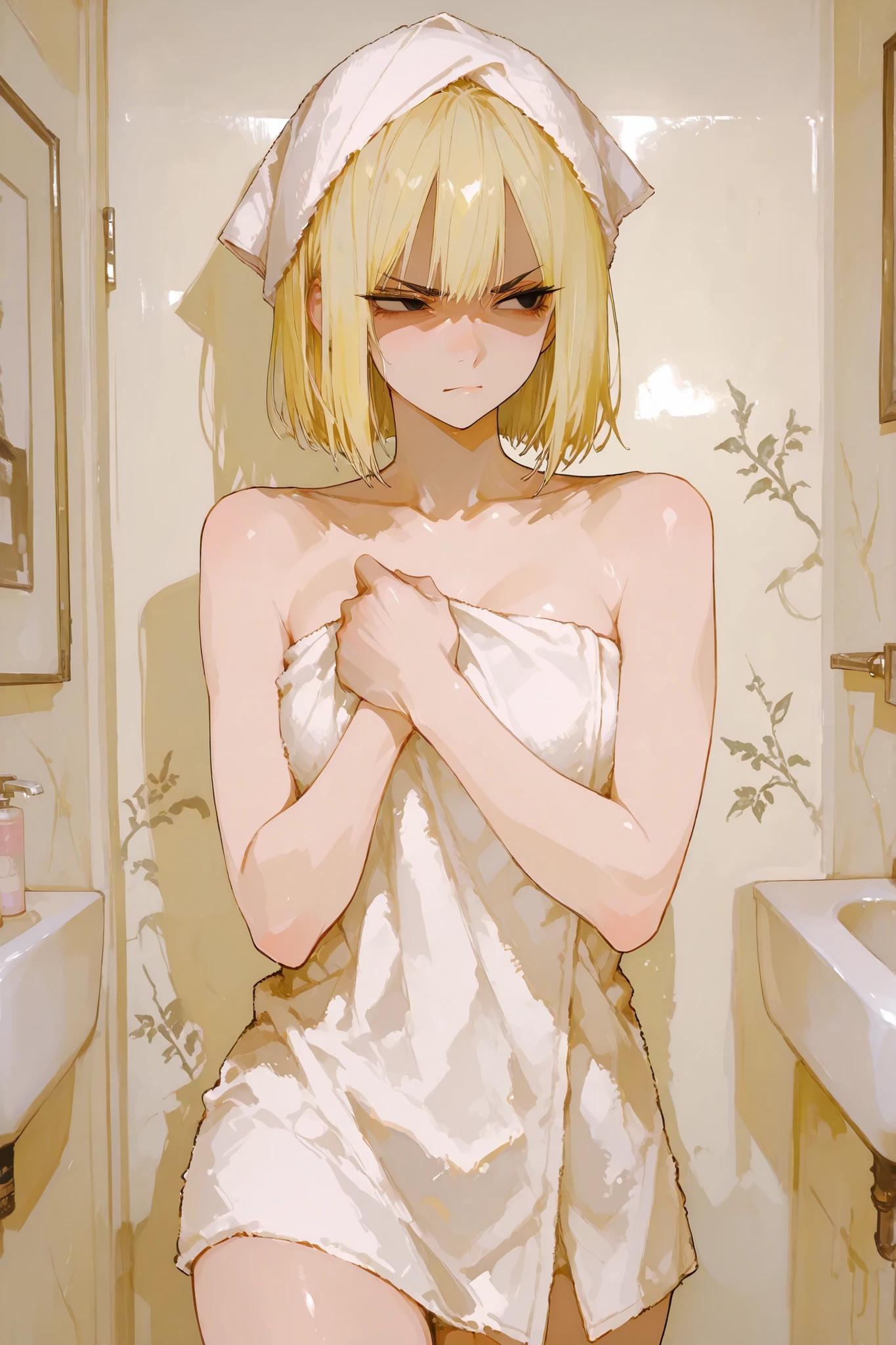 score_9, score_8_up, score_7_up, ymir fritz,1girl, solo, hairband, blonde hair, bangs, medium hair,shaded face,white dress, short sleeves, room,looking down, bathing, towel, medium breasts, nipples, navel, bath, steam, mist, eyes closed, arms behind head, armpits, sweaty armpits, legs, standing,