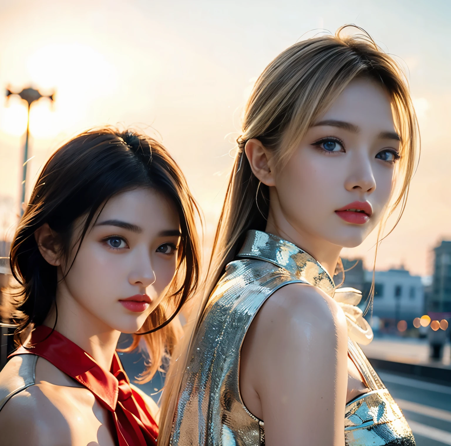 8K quality, pictures, Two beautiful men and beautiful women, (Beautiful like a goddess), in the city where the backlight of the intense sunset is dazzling, From the neck up, Red thin string ribbon tie on the collar, (Extra-fine silver glasses:1.2), (Brilliant, beautiful, bright blue eyes), (Blonde hair blowing in the wind:1.2), White Porcelain Whitening Skin,  has bangs, super big , Photograph, look at the camera, 