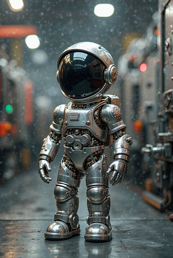 Teenager girl dressed in a classic robot costume, i.e. wide baggy robot pants and large wide arms and silver Full body with big and silver robot shoes Standing showing all the robot suit And with robot gloves And the chest completely covered and Square like a robot With buttons on the chest, ALL THE BODY IS COVERED LIKE A CLASSIC ROBOT