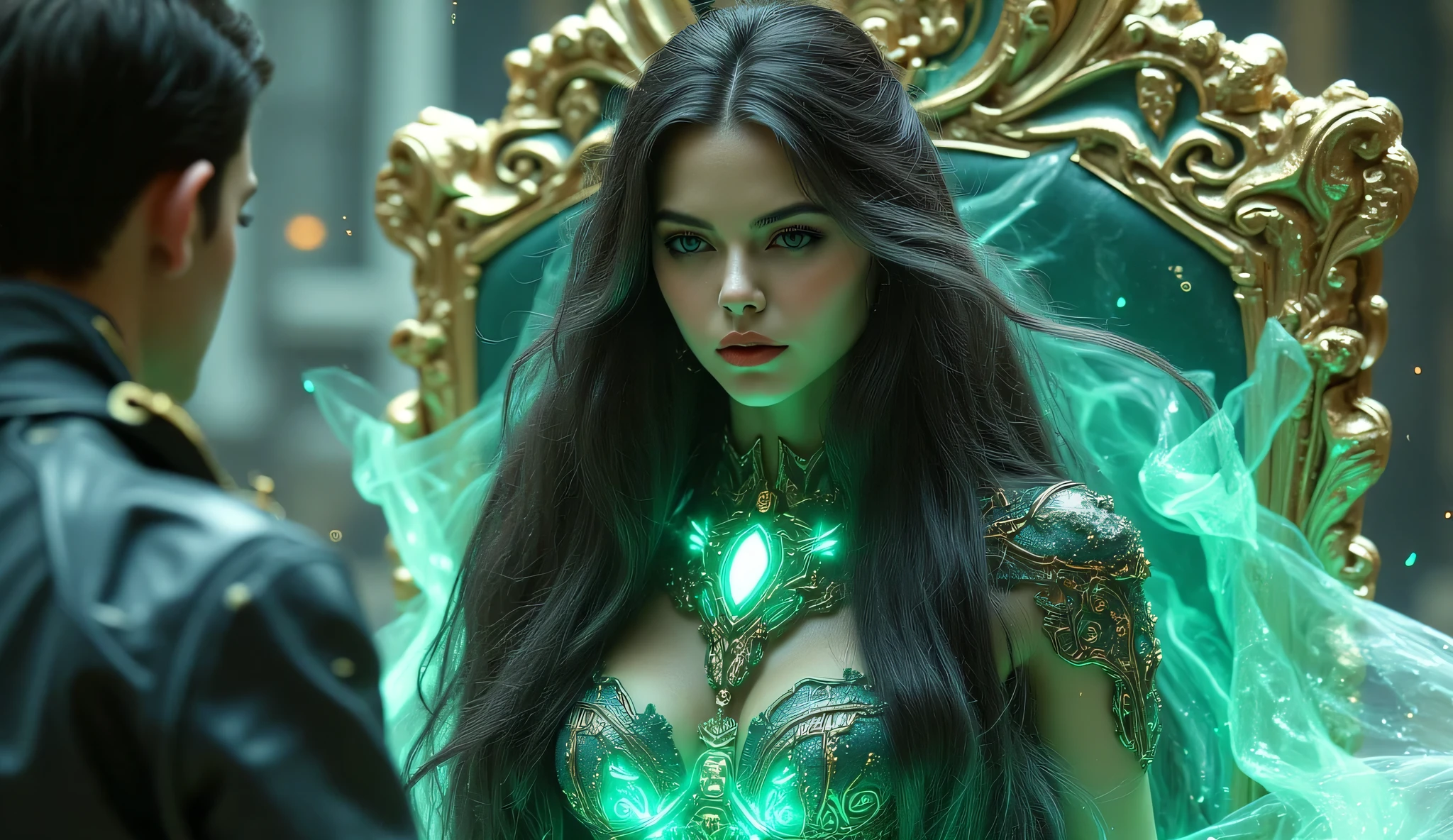 A seductive and powerful green-skinned sci-fi queen sitting on a futuristic crystalline throne in the ruins of a collapsed alien empire. Inspired by Soraya Vellaris from "The Artifact Warden’s Pact". She has glowing emerald green skin, long dark hair with neon highlights, and piercing, intelligent eyes. Her outfit is a revealing blend of sci-fi royal armor and rebel elegance—partially armored but form-fitting, with glowing tech-thread designs. Her chest pendant, glowing in tri-color, hangs at the center. The camera angle is from behind a kneeling male character (blurred foreground), focusing on Soraya’s commanding gaze and regal posture. The throne is high-tech with worn gold and alien motifs. Behind her, the shattered ruins of Saerune are bathed in soft plasma-blue lighting and dust particles. Her expression is serious, alluring, and emotionally charged. Cinematic, ultra-detailed, high contrast lighting. 16:9 wide aspect ratio, perfect for YouTube thumbnail.