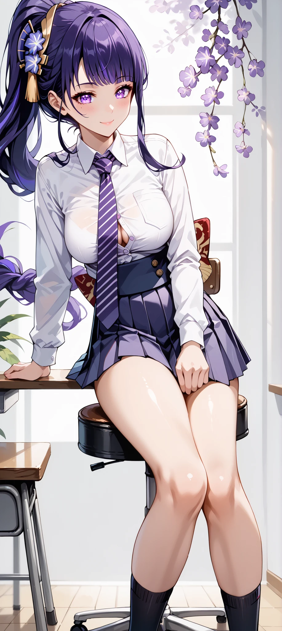 score_9, score_8_up, score_7_up, source_anime, 4K,perfect fingers,(perfect hands, perfect anatomy),prefect lighting, very aesthetic, intricate details,highly detailed background, masterpiece, high quality, best quality,
raidenshogun, raiden shogun, ((ponytail hair:1.5)), hair flower, hair ornament, long hair, mole, mole under eye, purple eyes, purple flower, purple hair, large breasts,,
wearing ((school uniform, tie, black socks, black shoes, short pleated skirt, button-up top, )),,
A sagging breast, smiling, sitting on chair, (pose:1.2), legs crossed, seated, center frame, facing viewer, looking at something,