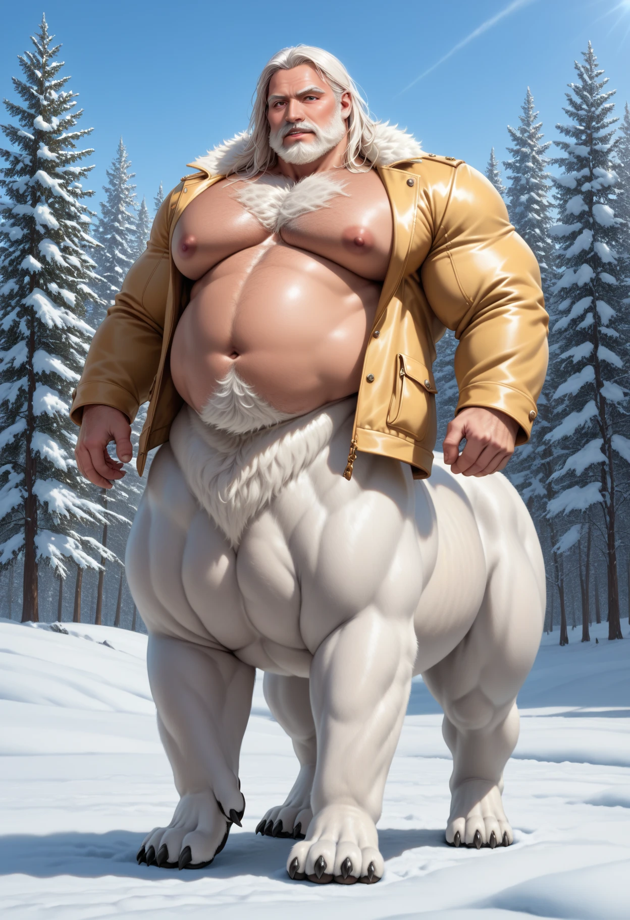 There is only one handsome Chinese man in the photo，35 years old，tall, Fitness，Smooth body，Smooth skin，No chest hair，short hair, O-Shaped Beard，Perfect body, Dark skin color，Radiant Skin，Smooth skin，Shiny, shiny skin，Smooth pectoral muscles，Muscle bulge, muscular, Very large pectoral muscles，Very sexy abdominal muscles，Very well-developed leg muscles，Huge concave and convex area，Brightens oily skin，Wearing a shiny gold leather thong，Handsome face，Normal human toes，Correct and accurate male body proportions，Gold Collar，Gold bracelet，Gold anklets，Standing in the snow，Night sky，A sky full of stars，There are auroras，Colorful，Charming dream scene，Epic。
