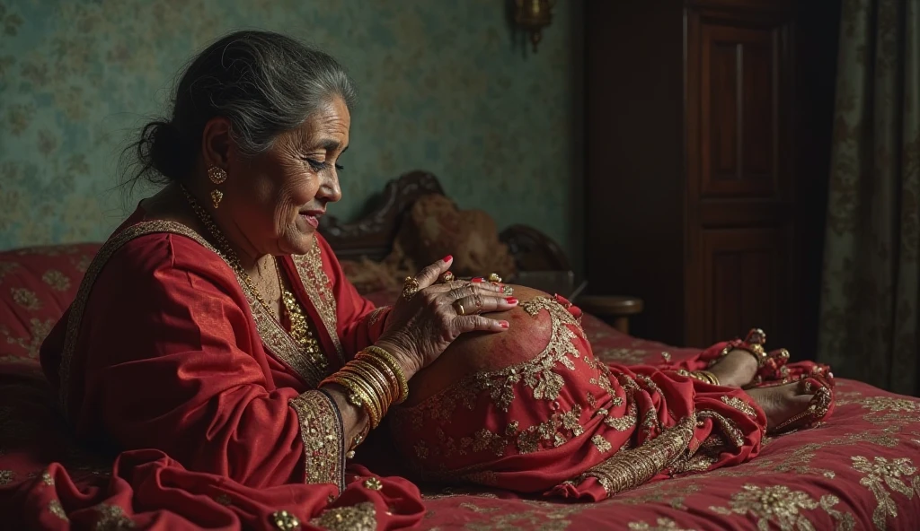 (photorealism:1.2), Old indian woman, wearing indian kurti, showing huge cleavage, has large breasts, sleeping on bed.
