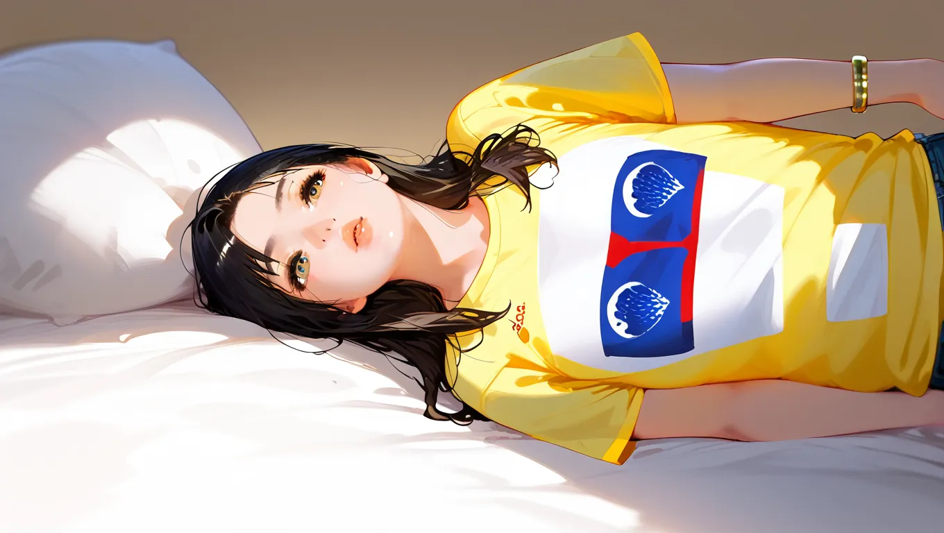 ((Masterpiece)), (Best Quality)), Illustration, One girl, Hair color, Bangs, Hairstyle fax, Portrait from the waist up, ((Small)), Tanned girl, Body details, Leotard, rhythmic gymnast, Girl, Light green long black hair, Gray eyes, Dull bangs, Lying on your back, Stretching, Mouth closed, Surprised look, Portrait taken from the right side, Sweating, Pushing up clothes, Smacking face on the buttocks, Plastic bottles, wet mattresses, room with cluttered clothes, white sweat