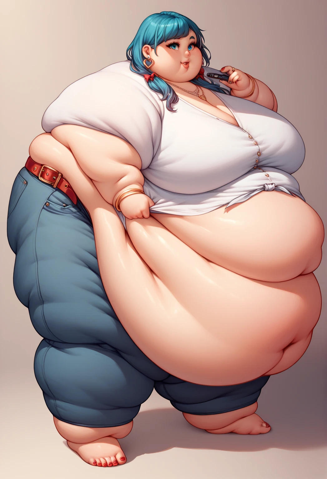 Anime Women, Lady、Detailed face、Forehead、Black Hair、Long hair down to the waist、Center-parted bangs、Braid、Glasses、Hanging eyes、Brown eyes、Are fat、Chubby、Voluptuous、obesity、Double chin、Cheek、Fat-covered neck、Big Breasts、Saggy breasts、Thick upper arms、thick fingers、Fat Belly、Sagging belly、Thick legs、Fat all over the body、tall、Denim jumpsuit、Work clothes、sneakers、Sweaty、shame、