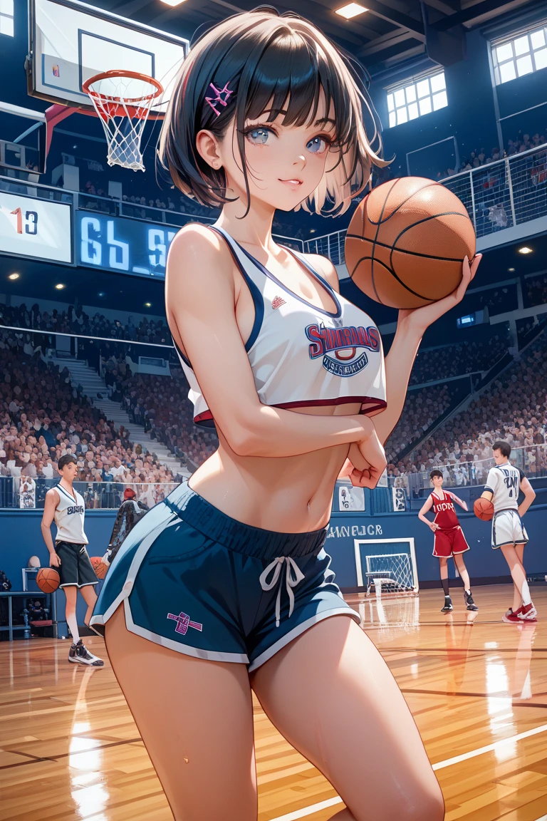 (RAW photo, 4k, masterpiece, high resolution, extremely complex) (realistic: 1.4), cinematic lighting
1 Girl, Solo Focus, Summer Noon, Hot, 1990s\(Style\), (Best Quality), (Highres), (an Extremely Delicate and Beautiful),,(Beautiful 8k face),(Brown eyes),(ulzzang-6500:1.0),(solo),(Looking side),( spectators),(large breasts),(NBA),bent over,,lookside,(side), ,(Basketball sportswear),((Play basketball)),((gymnasium)),((speed)),(reality),