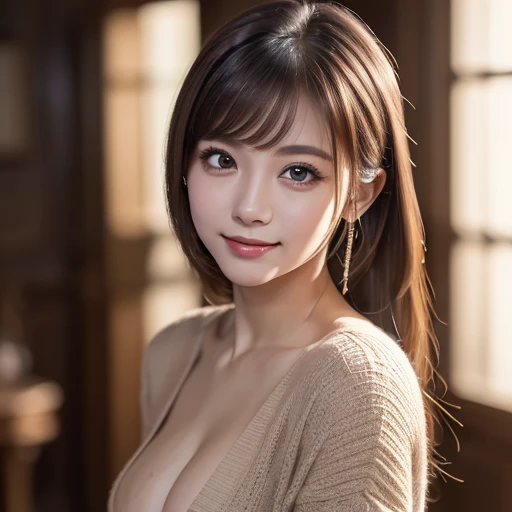 Random pose、Highest quality、Ultra-high resolution、(Photorealistic:1.5)、1 person、sweater、(Brown Hair:1.2)、(Big Breasts:1.2)、Night City、View your viewers、Close-up、Whole Body Ezbian、Bad Eyes、Face showing teeth and smiling