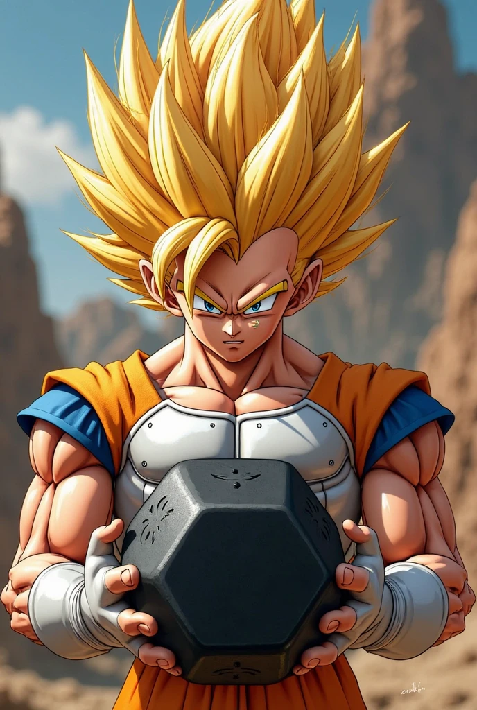 (masterpiece, best quality: 1.2), cowboy shot, solo, male focus, 1boy, vegeta, serious, looking at the viewer, spiked blonde hair, green eyes, armor, white gloves, lifting weights with dumbbells in a gym