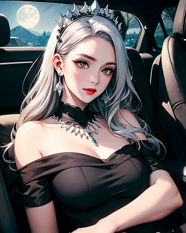 There is a beautiful white-haired girl getting out of the car, long hair fluttering, black car, attending a dinner party, flash, looking down, woman sitting in the car with her legs sticking out, Shaxi, sitting in her car, black and red silk clothes, black and pink Jenny, elegant movie pose, red and movie lighting,