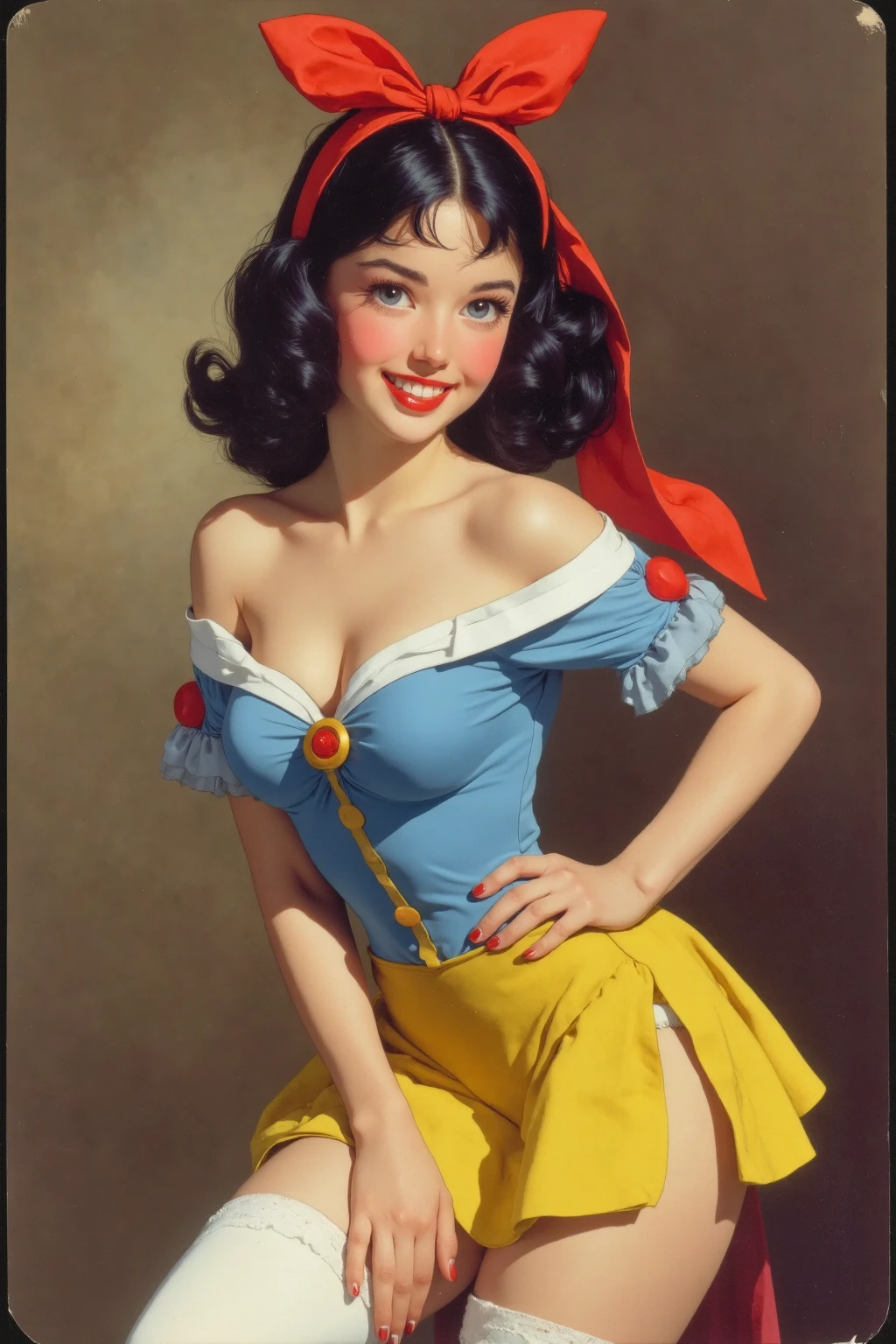 a close up of a cartoon of a woman in a dress, snow white, pinup art, portrait of snow white, pinup, pinup girl, girl pinup, pin up, pin up girl, beautiful retro art, pale snow white skin, pin - up, pin-up, pin-up poster girl, pin - up girl, comic pinup style, pinup pose
