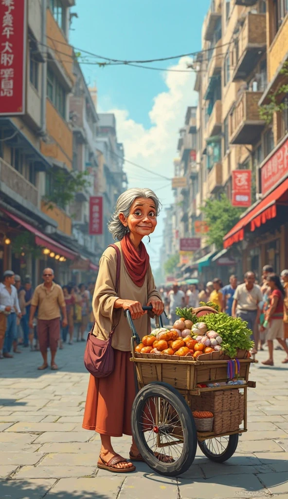 एक 50 साल की बुढी अम्मा जो एक थेला लेकर सड़क  के किनारे खड़ी हो और रोड पर बहुत बाहन चल रहे हो     immage cartoon tiip full hd 